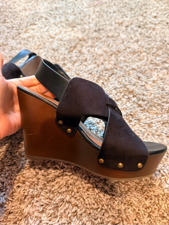 Unr8Ed Shoes - Dark brown and Black Suede Crossband Wedge Sandals with Bronze Studs